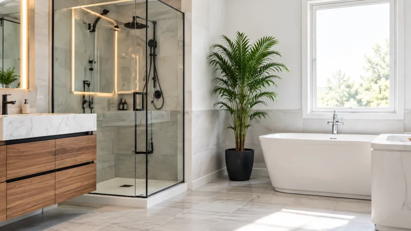 Salle de bain résidentielle moderne avec douche vitrée et baignoire, travaux de plomberie à Laval