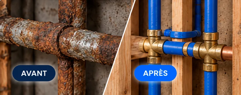 Avant et après le remplacement de conduites d'eau : tuyaux corrodés remplacés par des conduites neuves